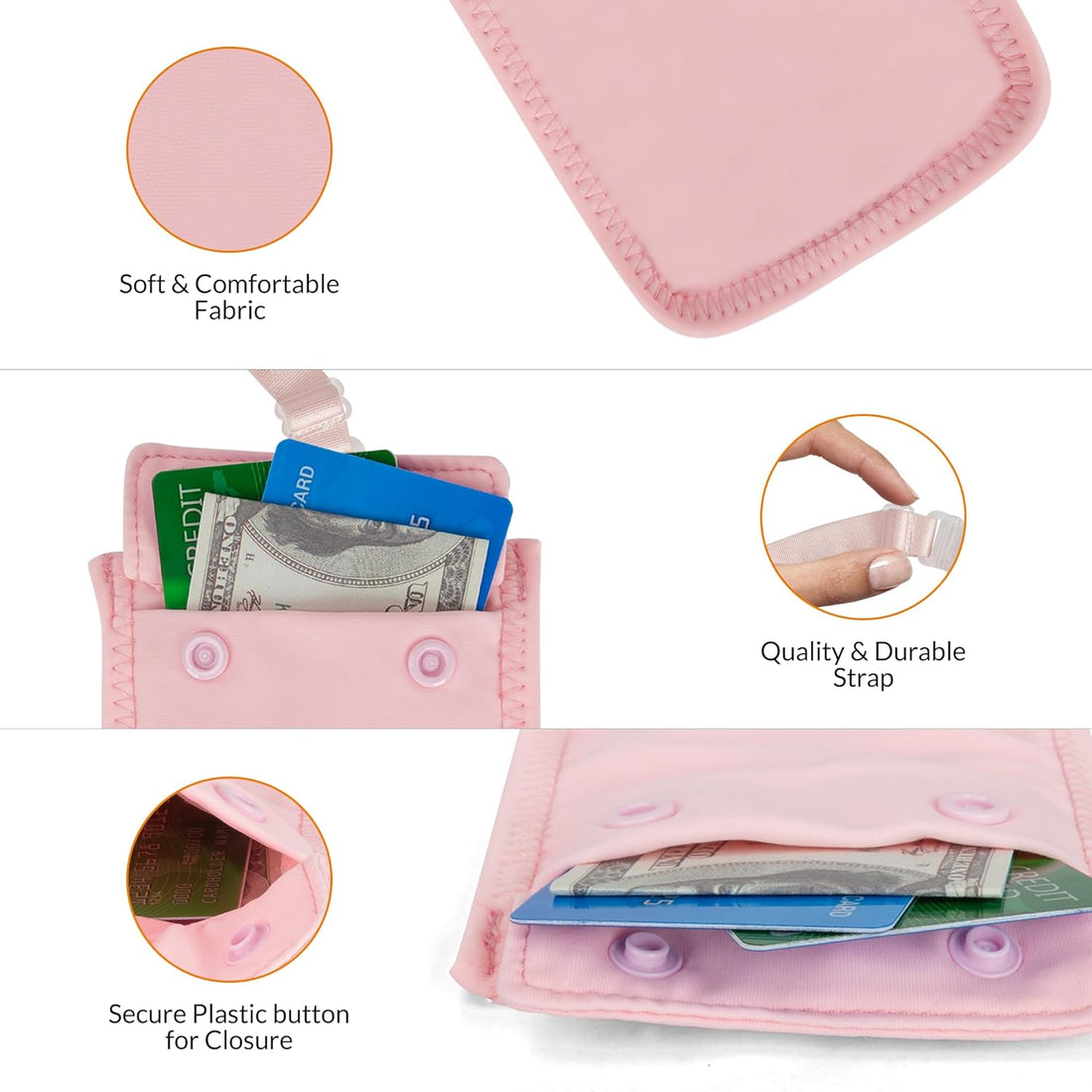 Boxiki Travel Hidden Money Belt for Men & Women - RFID Blocking Waist Pack for Passport, Wallet & Phone - Safe and Secure for Travel, Hidden Bra Wallet (Pink), 4x5.4 inches, Flat Profile