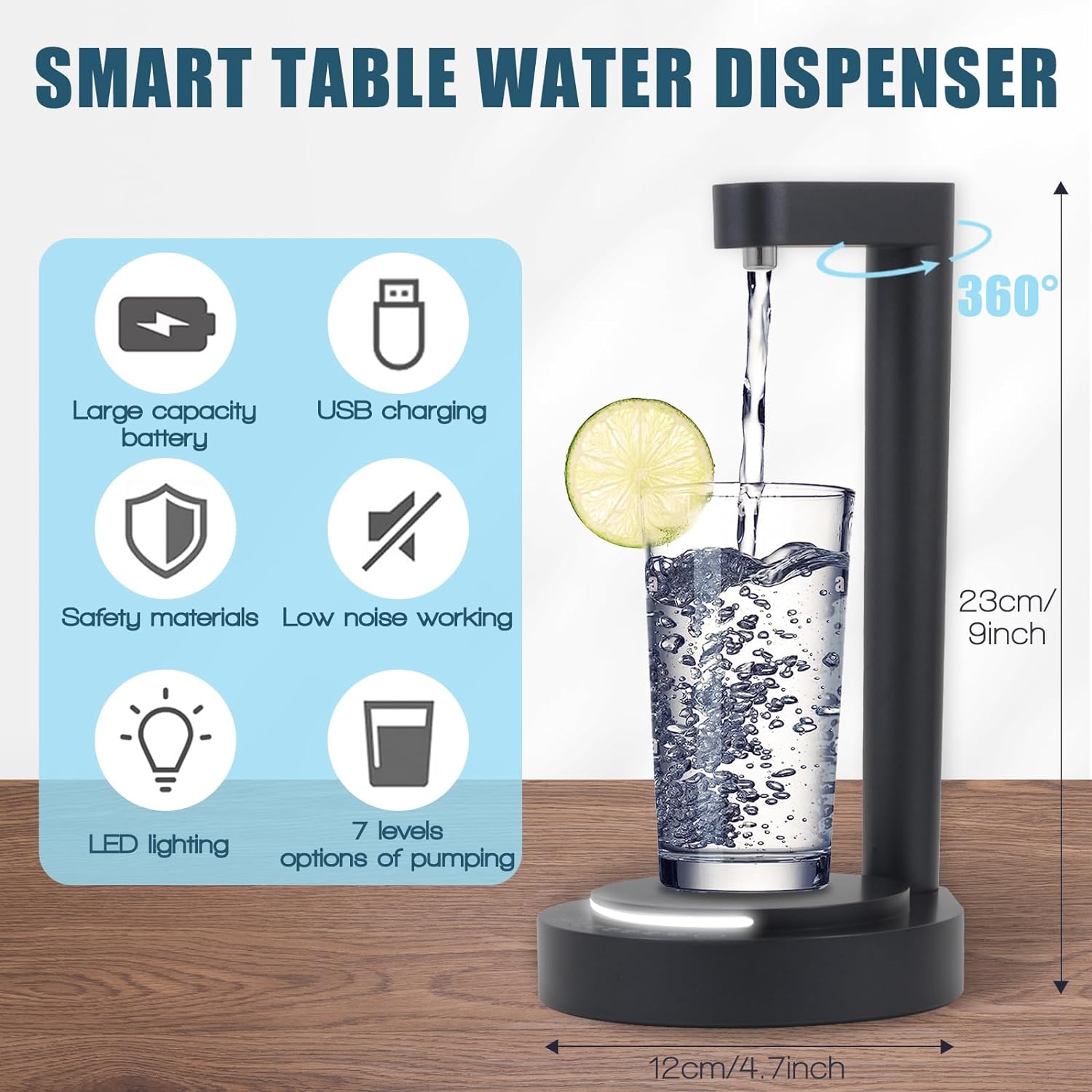 LED Bedside Water Dispenser,Desktop Water Bottle Dispenser,New Upgrade LED Light and Touch Buttons, Portable 5 Gallon Water Dispenser,with 7 Levels Pumping and Light,Suitable for Home, Office