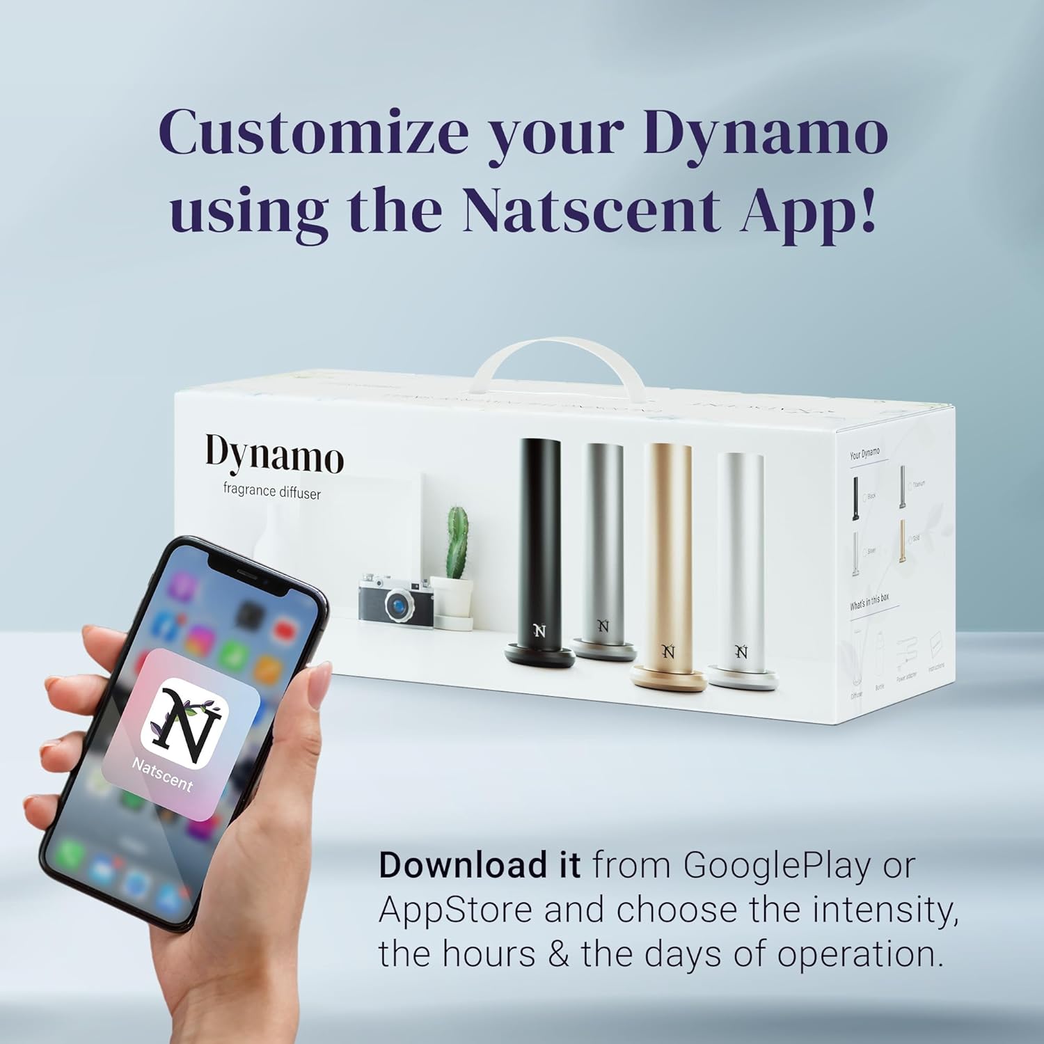 Natscent Updated Dynamo Essential Oil Diffusers, App or Manual Control, Plug & Play, Smart Diffusers for Essential Oils Large Room, Cold Air Diffusers for Home, Office ~1000 sq.ft – Titanium