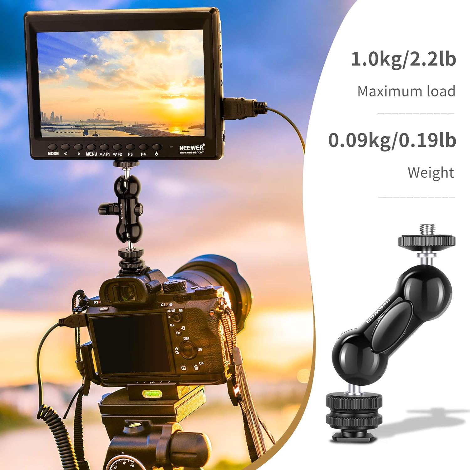 Neewer Cool Ballhead Multi-Function Double Ball Head with Cold Shoe Mount and 1/4" Screw for DSLR Cameras, Camcorders, Camera Cage, Monitor, LED Light, Load up to 2.2lb/1kg â€” ST13