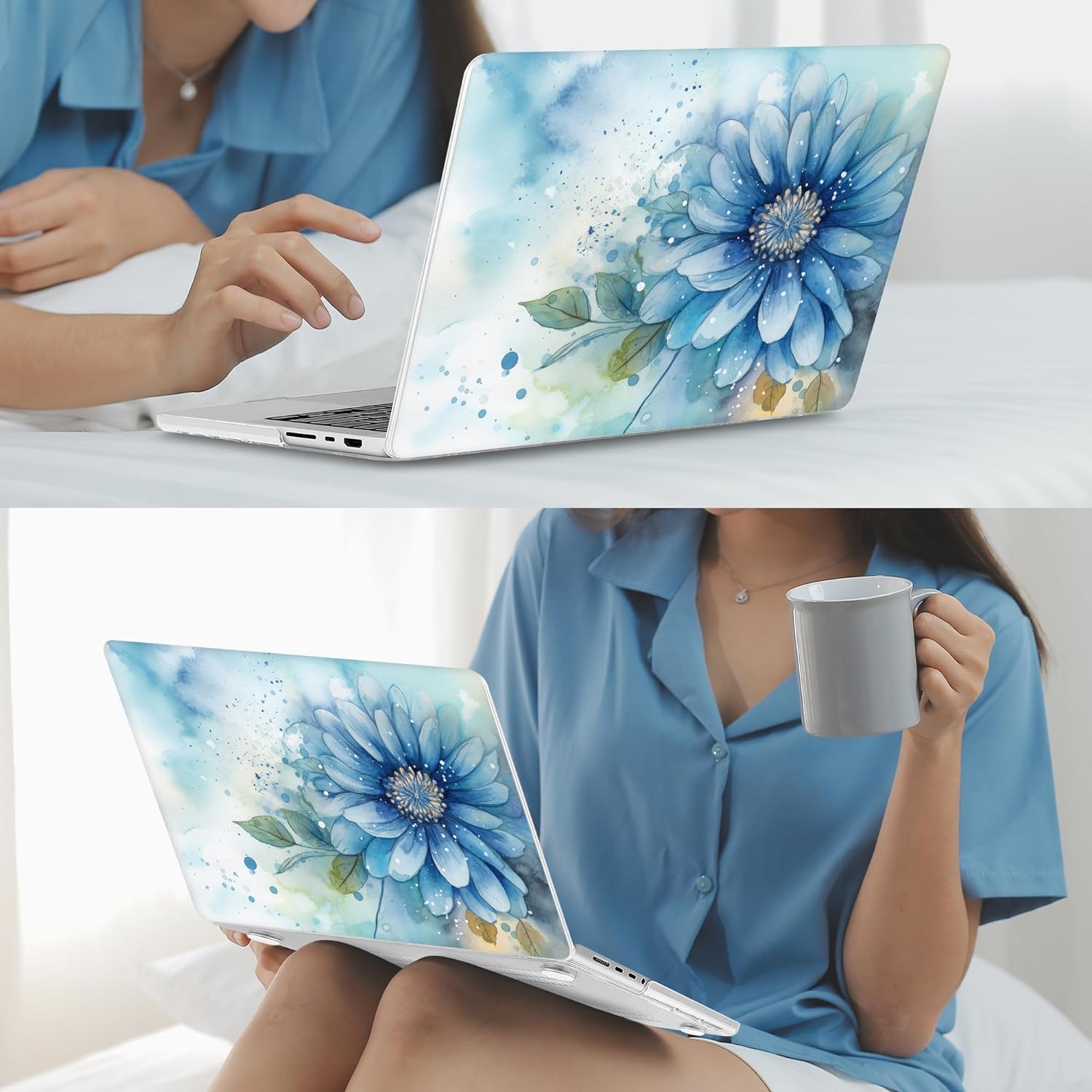 Mektron Case for M3 MacBook Pro 16" M1 A2485/M2 A2780 (2021/2023) with Touch ID, Hard Shell Plastic Laptop Cover Keyboard Skin Compatible MacBook Pro 16.2" M1 Pro/Max Chips, Watercolor Blue Flower