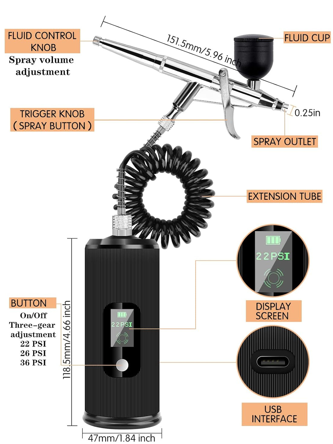 Kalolary Airbrush Kit, Rechargeable Cordless Airbrush Compressor, Auto Handheld Airbrush Set Portable Wireless Air Brush for Nail Art, Makeup, Barber, Cake Decor, Model Painting-Black