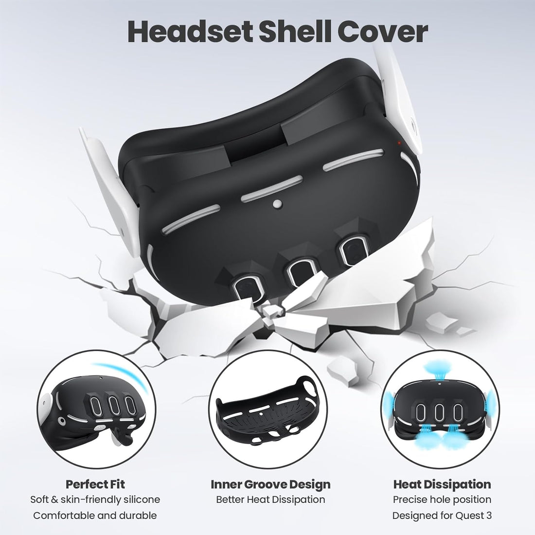 Controller Grips Cover VR Headset Shell Silicone Case Compatible with Meta/Oculus Quest 3 Accessories, Battery Opening Controller Grips Front Shell Headset Cover Skin Protector (Black)