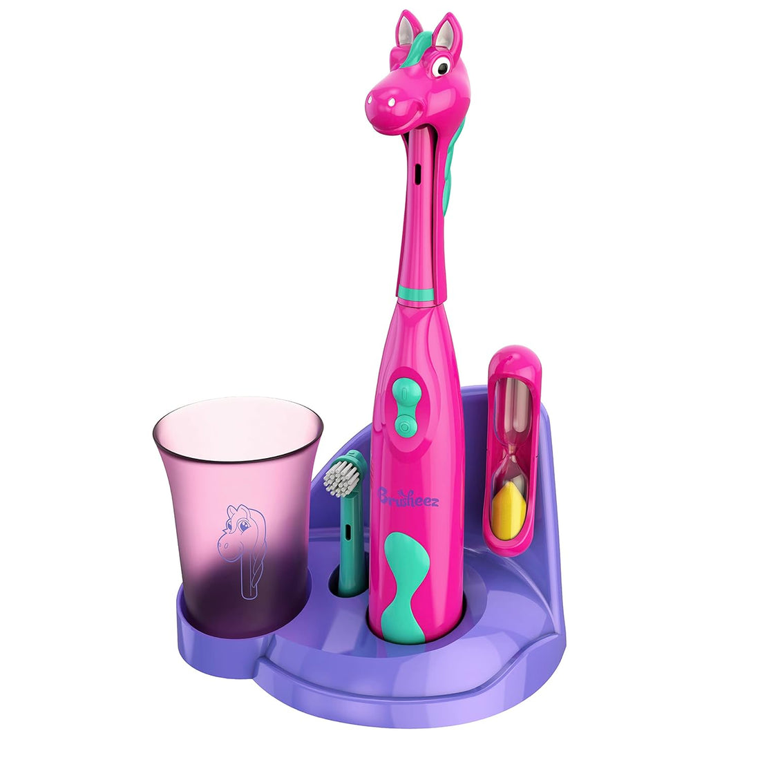 Brusheez - Childrens Electric Toothbrush Includes Toothbrush, Adorable Head Cover, 2 Toothbrush Heads, 2-Minute Sand Timer, and Holder Stand - Prancy the Pony