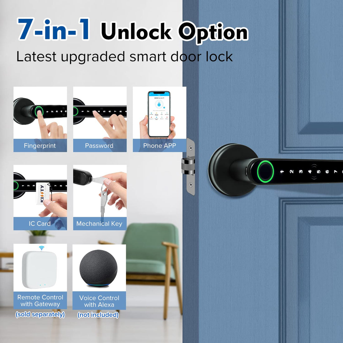 KISSTY Advanced 7-in-1 Smart Fingerprint Door Lock, Matt Black, Biometric, Keyless