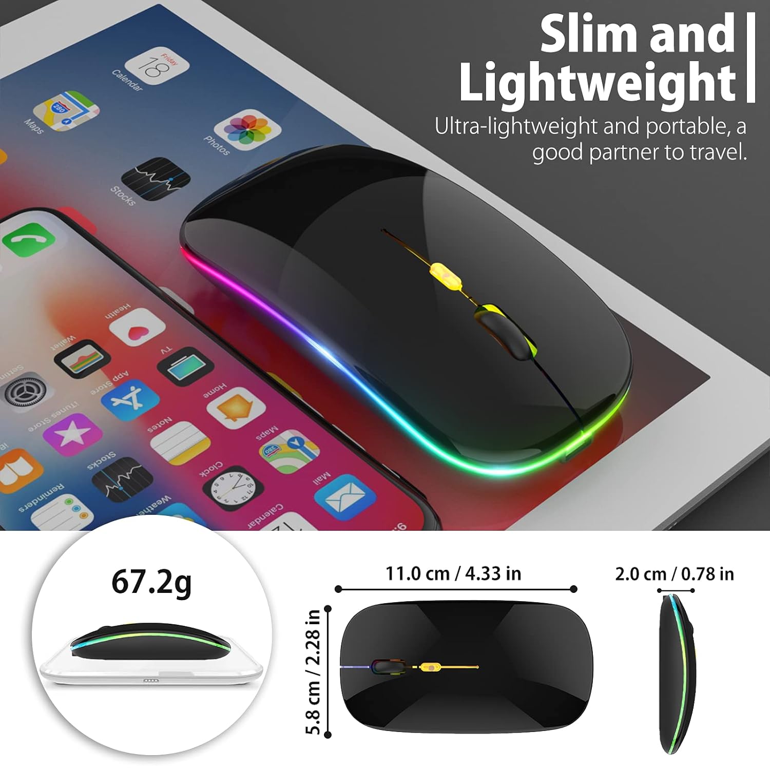 【Upgrade】LED Wireless Mouse, Slim Silent Mouse 2.4G Portable Mobile Optical Office Mouse with USB & Type-c Receiver, 3 Adjustable DPI Levels for Notebook, PC, Laptop, Computer, MacBook (Bright Black)
