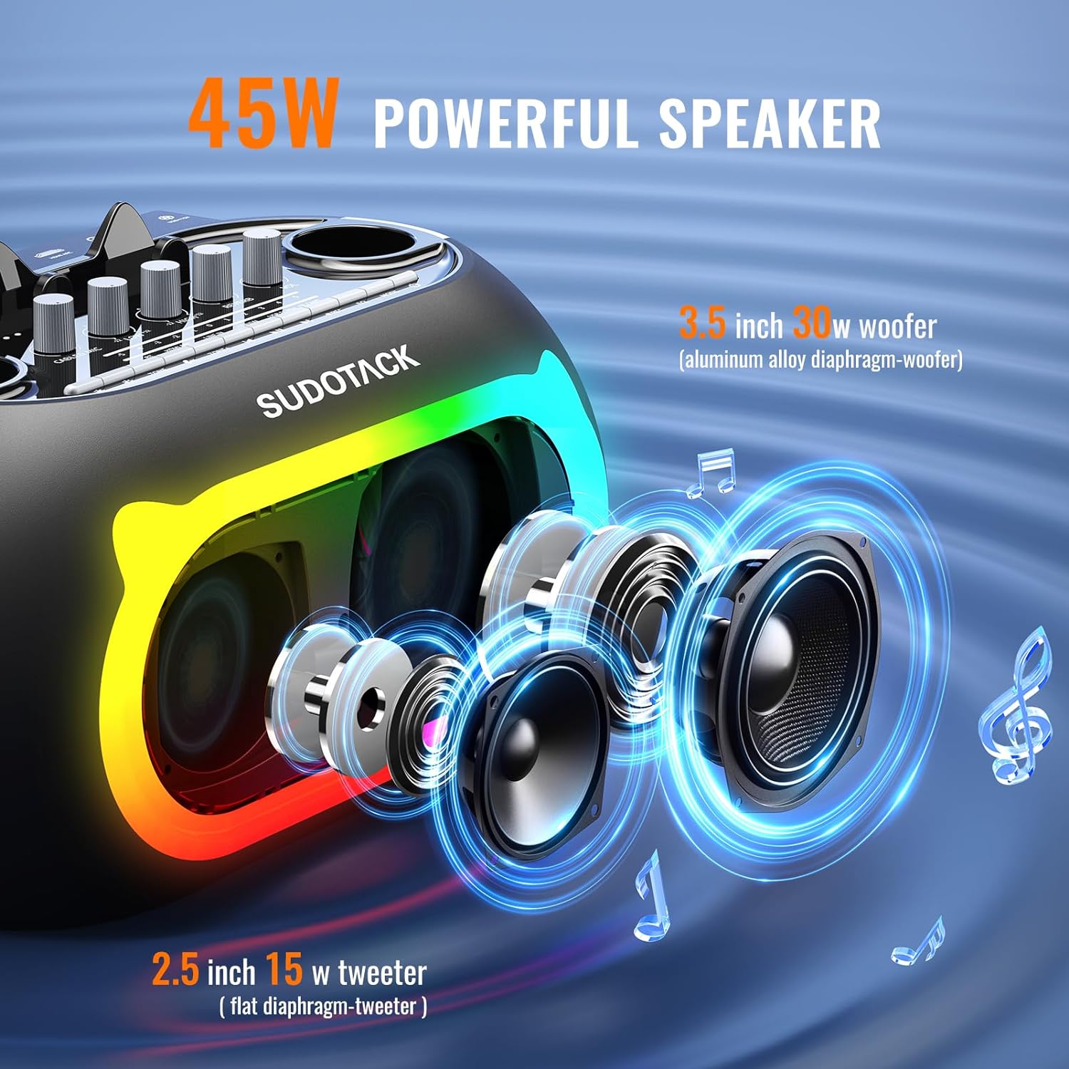 SUDOTACK Karaoke Machine with 2 Wireless Microphones, Portable Bluetooth Speaker with Bass/Treble Adjustment, PA System with LED Lights, TF Card/USB, AUX Input, Rec for Party, Black