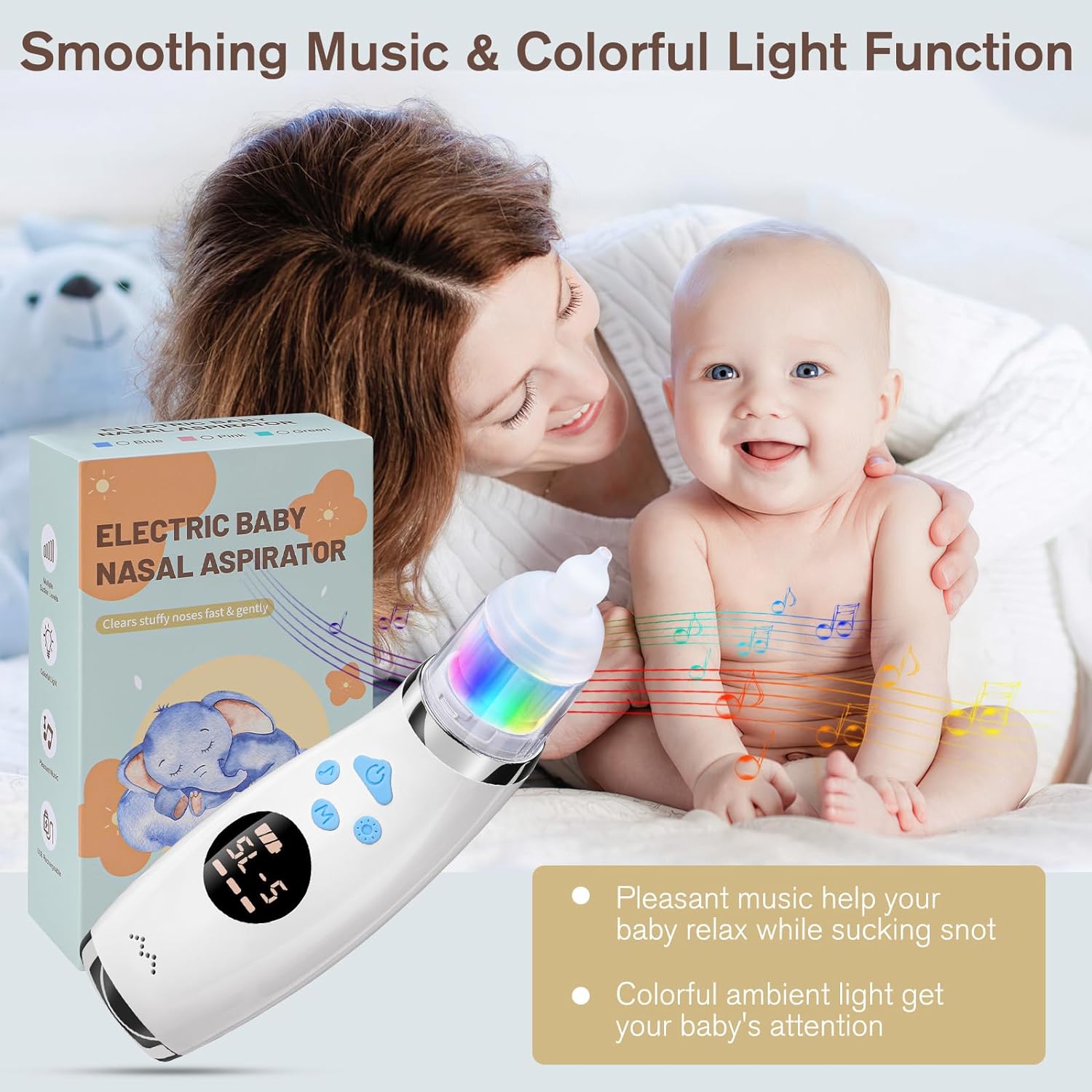 KKUYT Electric Nasal Aspirator for Baby, Baby Nose Sucker, Rechargeable Snot Booger Sucker Auto Nose Cleaner for Toldder with 5 Suction Modes, 3 Silicone Tips, Colorful Light & Soothing Music