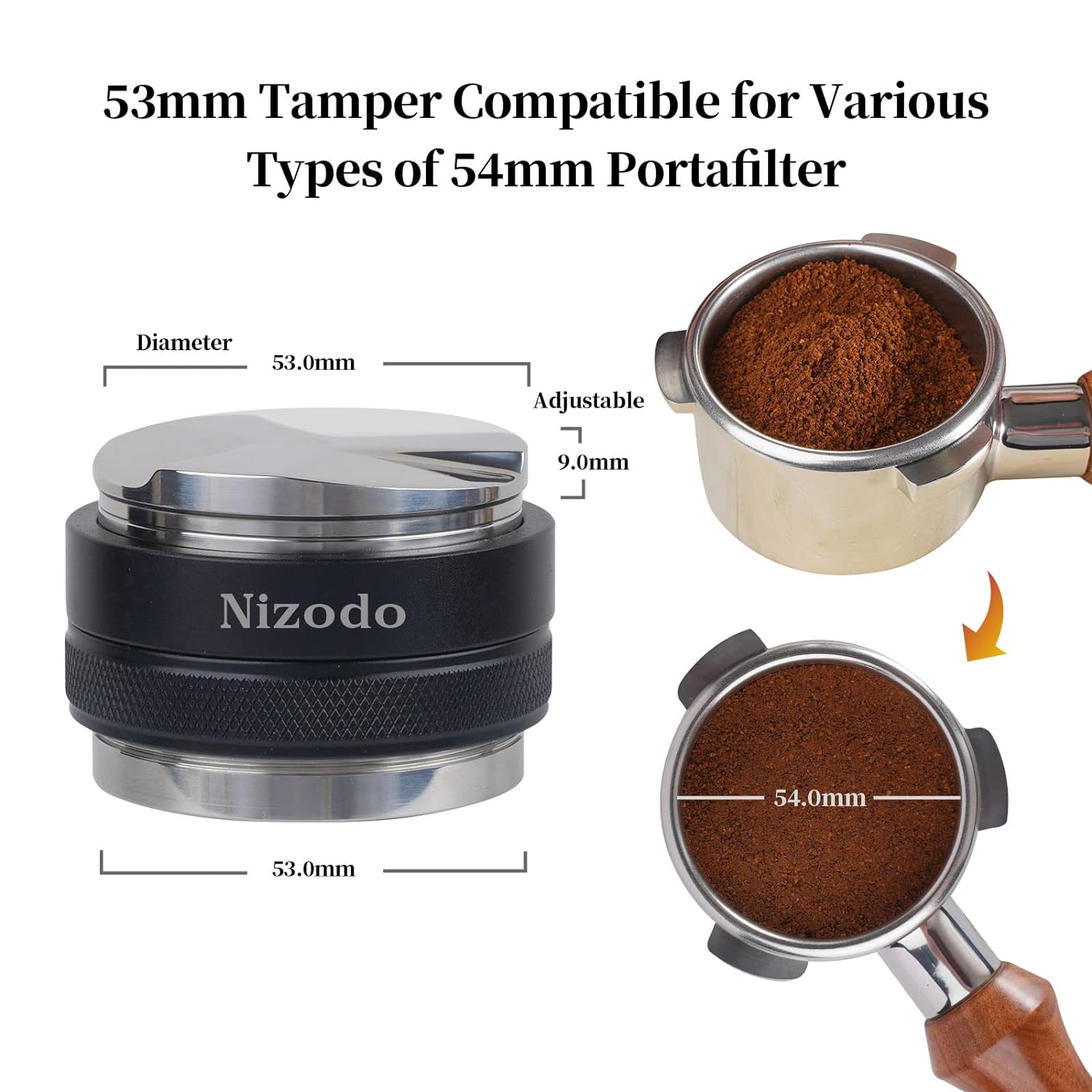 Nizodo 53mm Espresso Coffee Distributor & Tamper, Coffee Distributor Tool 54mm Tamper Dual Head Coffee Leveler Adjustable Depth Fits for 54mm Portafilter, Espresso Hand Tampers Accessories