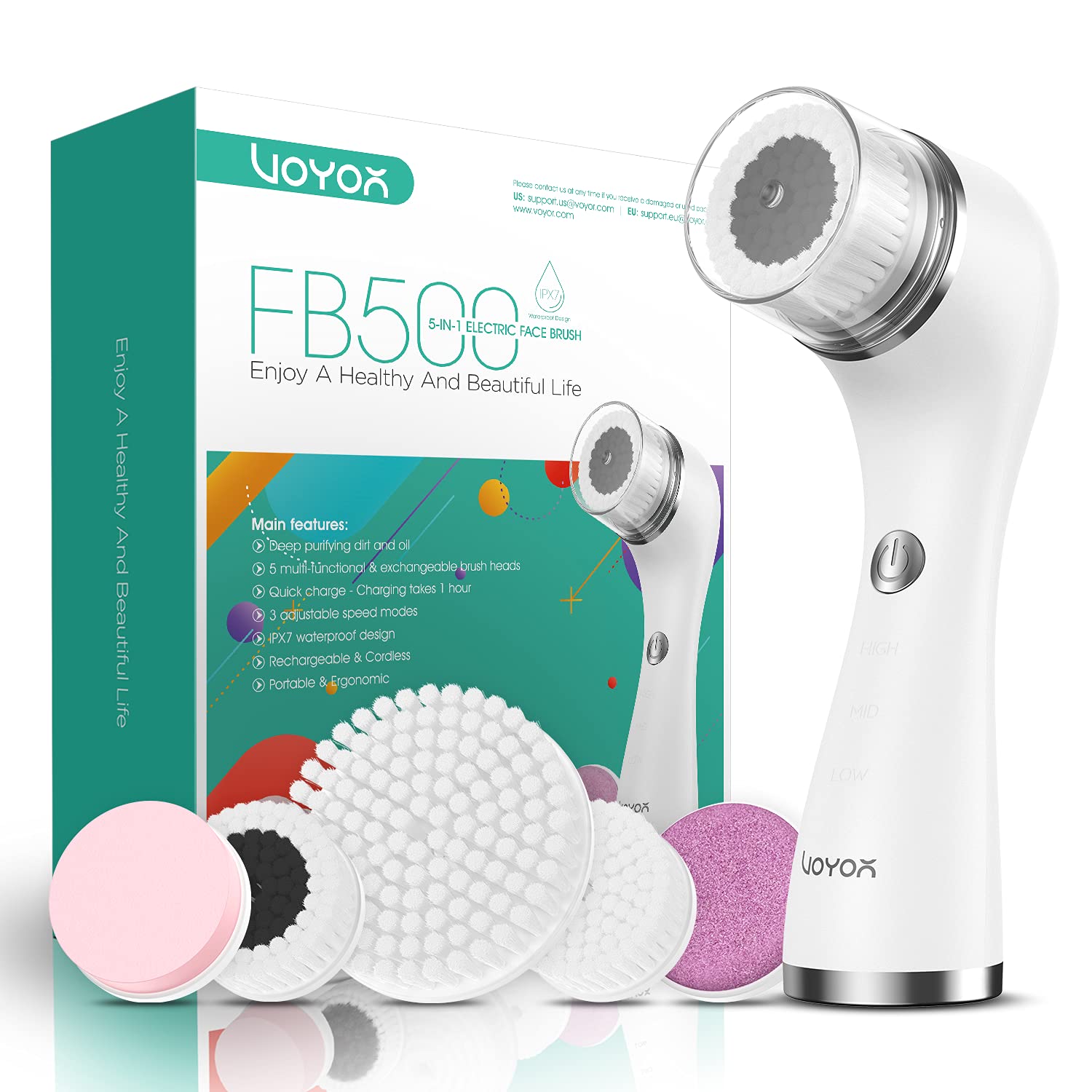 VOYOR Facial Cleansing Brush Rechargeable, Spin Face Brush Waterproof 5-in-1 Body Brush Set for Deep Skin Cleansing, Gentle Exfoliating and Massaging FB500 (White)