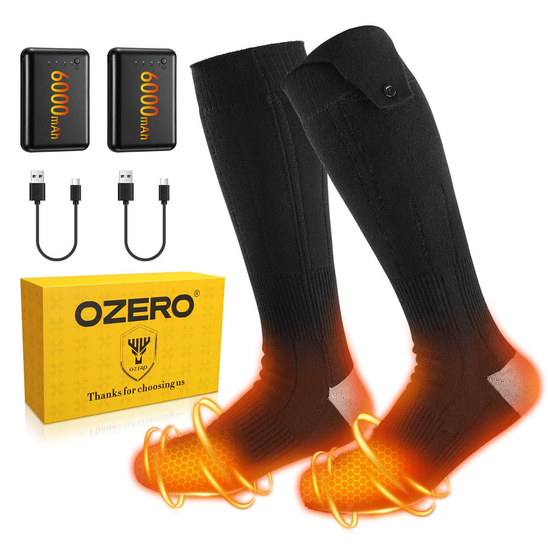 OZERO Electric Heated Socks for Men Women: 6000mAh Rechargeable Heating Socks with 360° Heating, 4 Heat Settings Washable Foot Warmer for Hunting Hiking Ski Camping, Black/X-Large