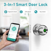 Smart Door Lock, TickLok Fingerprint Door Knob Keyless Entry Door Lock Deadbolt with App Control & Emergency Type-C Charging, Fit for Home Bedroom Offices Hotels Apartments