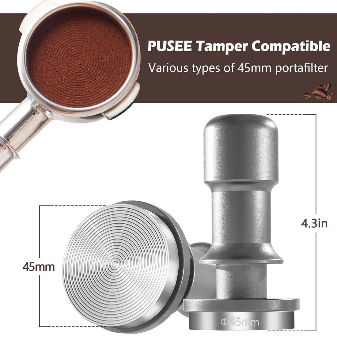 PUSEE 45mm Espresso Coffee Tamper,Premium 30lb Calibrated Espresso Tamper Upgrade Coffee Tamper with Spring Loaded,100% Stainless Steel Ground Tamper for Barista Home Coffee Espresso Accessories