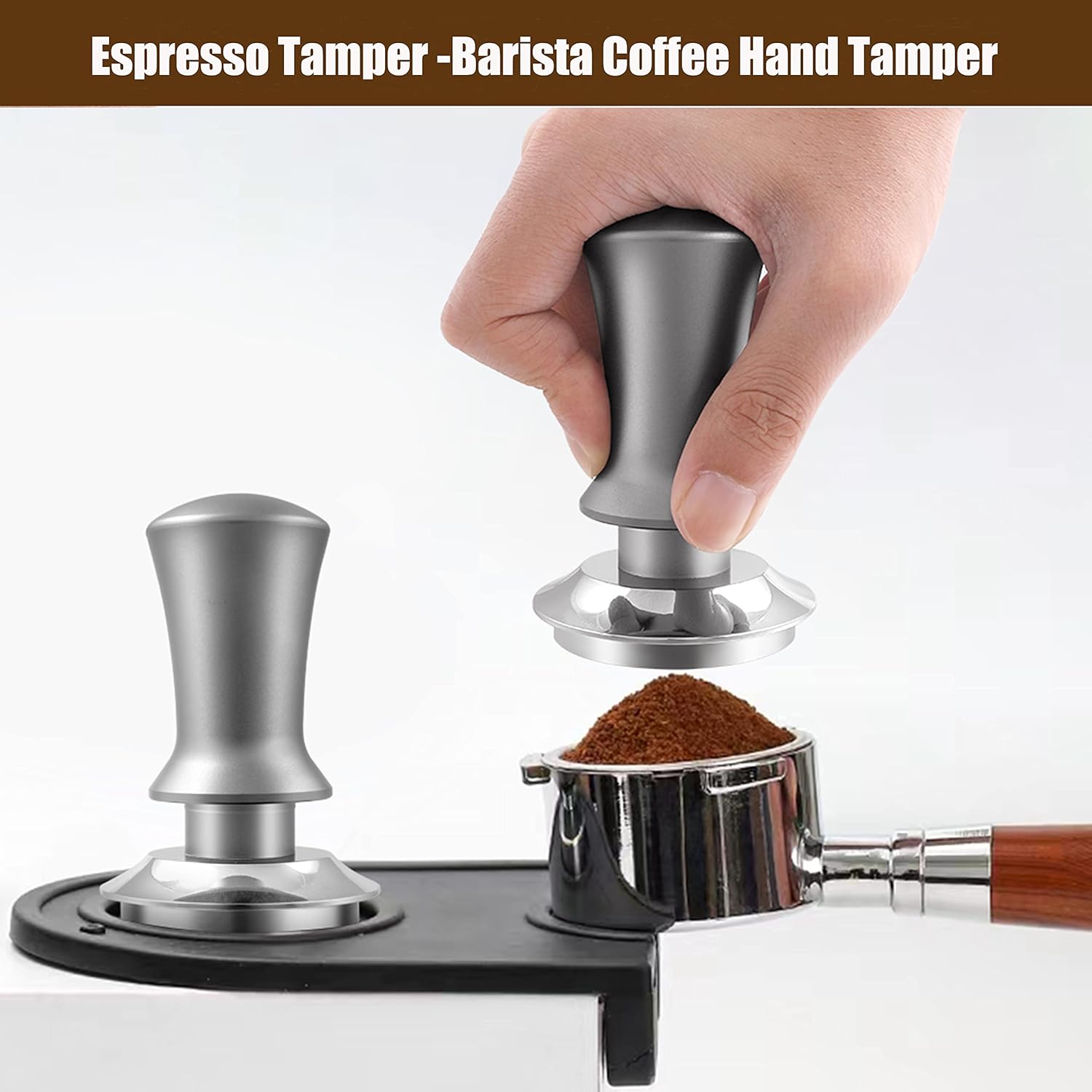 K COOL Espresso Hand Tamper, Premium Barista Coffee Tamper with Calibrated Spring, Stainless Steel Base Tamper Compatible with Espresso Machine Rancilio, Gaggia Bottomless Portafilter (58mm, Black)