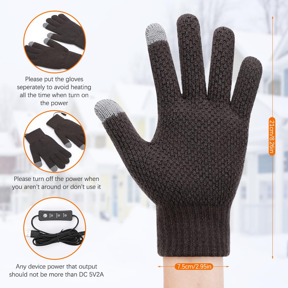 ACETOP USB Heated Gloves for Men and Women, Winter Warm Heating Gloves Full Hands Warmer with 3 Adjustable Temperature, Electric Touchscreen Gloves Washable Knitting Laptop Typing Gloves (Dark Gray)