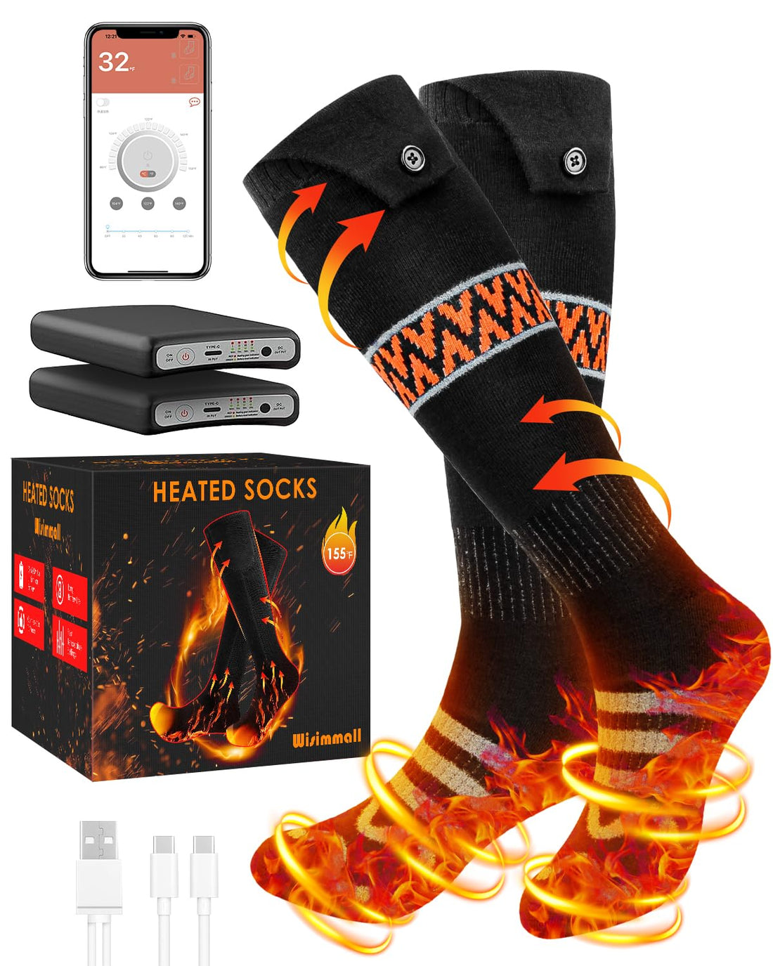 Rechargeable Electric Heated Socks for Men Women, 5000mAh Battery Powered Warming Socks with 360° Heating, 4 Heat Settings, Battery Operated Washable Battery Socks for Hunting Hiking Ski Camping