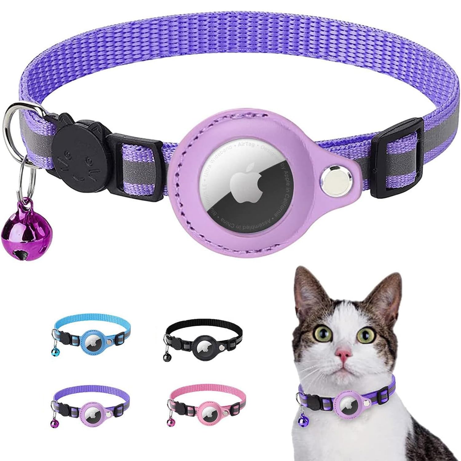 Cat Collar Breakaway with Airtag Holder - Adjustable Reflective AirTag Cat Collar with Bell Integrated Kitten Collar GPS Cat Collars Tracker for Girl Boy Cats Puppies (Purple)
