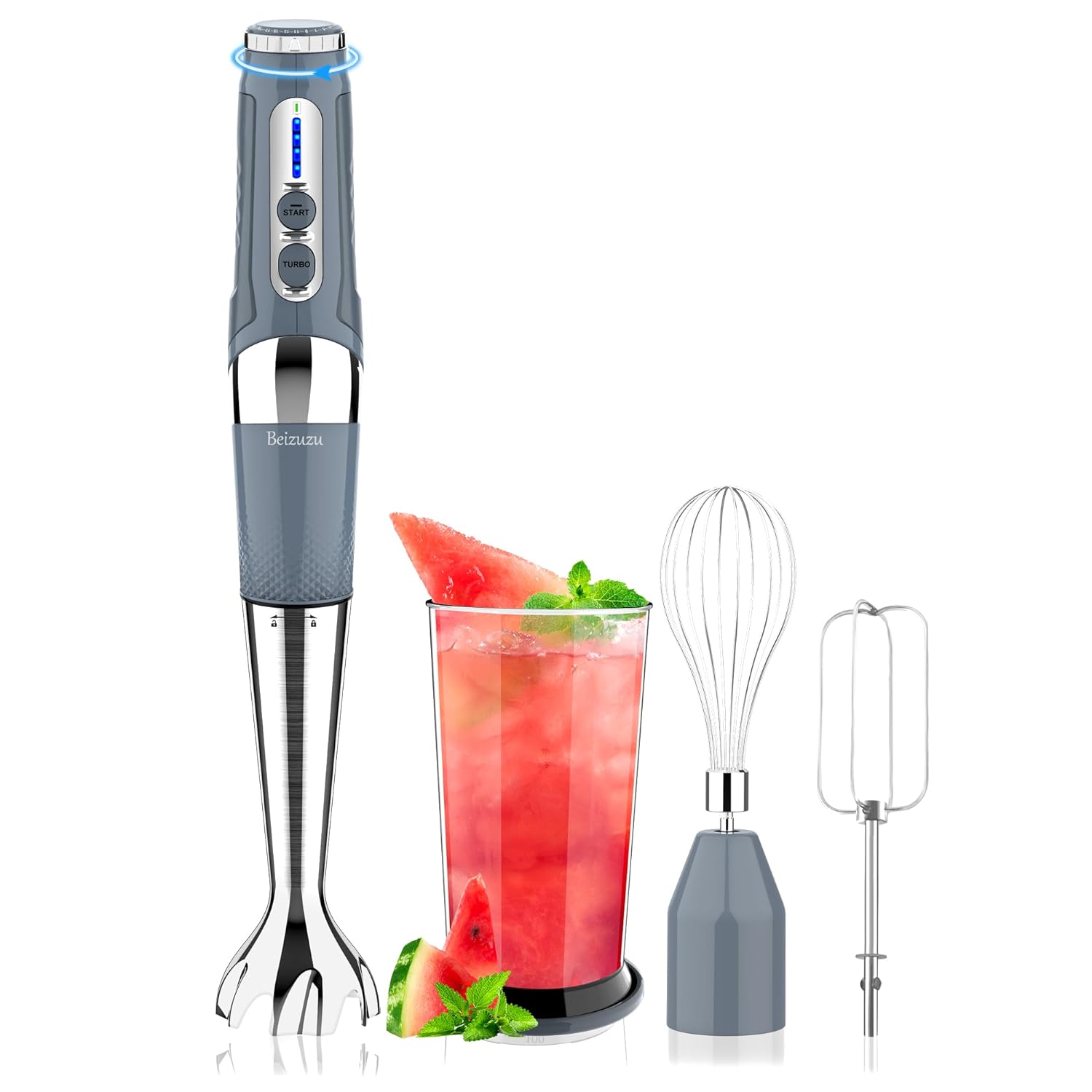 Cordless Immersion Blender: 3-in-1 Rechargeable Cordless Hand Blender, 21-Speed & 3-Angle Adjustable with Chopper, Beaker, Whisk, Beater for Milkshakes | Smoothies | Soup Baby Food (Grey)