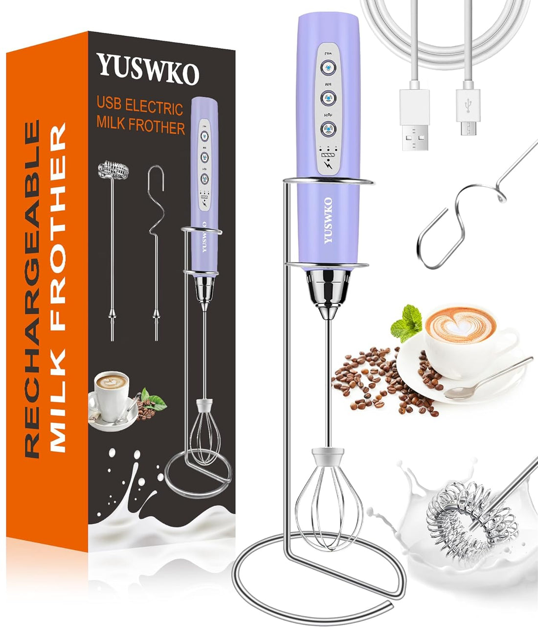 YUSWKO Rechargeable Milk Frother for Coffee with Stand, Handheld Drink Mixer with 3 Heads 3 Speeds Electric Stirrers for Latte, Cappuccino, Hot Chocolate, Egg - Light Purple