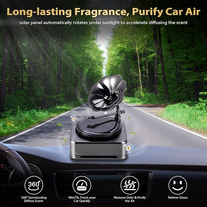 Solar Rotating Car Air Freshener, Car Essential Oil Diffuser with 3 Natural Long-lasting Fragrance Aromatherapy Diffuser Car Interior Decor Accessories for Men Women (Black)