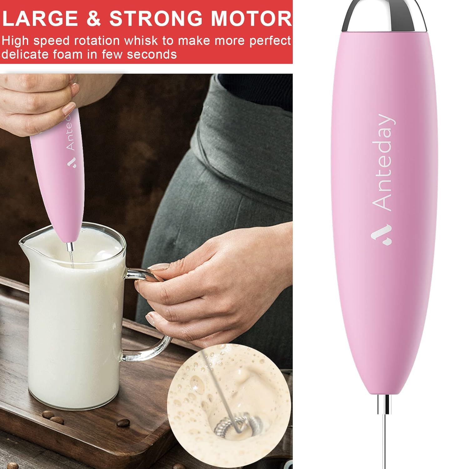 Frother for Coffee, Frother Handheld, Milk Frother, Upgraded Matcha Whisk Drink Mixer Electric Mini Whisk Hand Frother Mini Foamer Coffee Mixer for Lattes Cappuccino Frappe Matcha Hot Chocolate, Pink