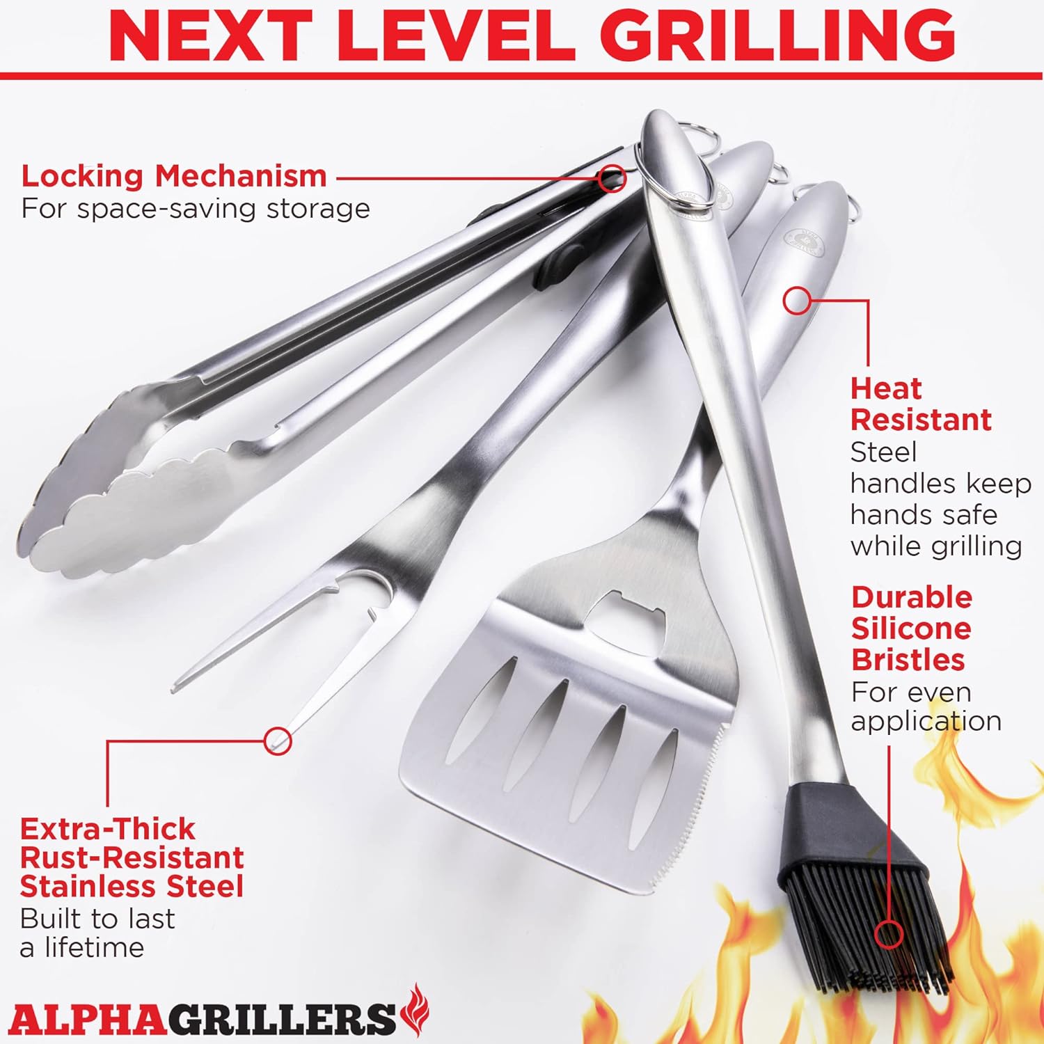Premium BBQ Grilling Tools Set. Extremely Heavy Duty Stainless Steel Spatula, Locking Tongs and Fork Accessories