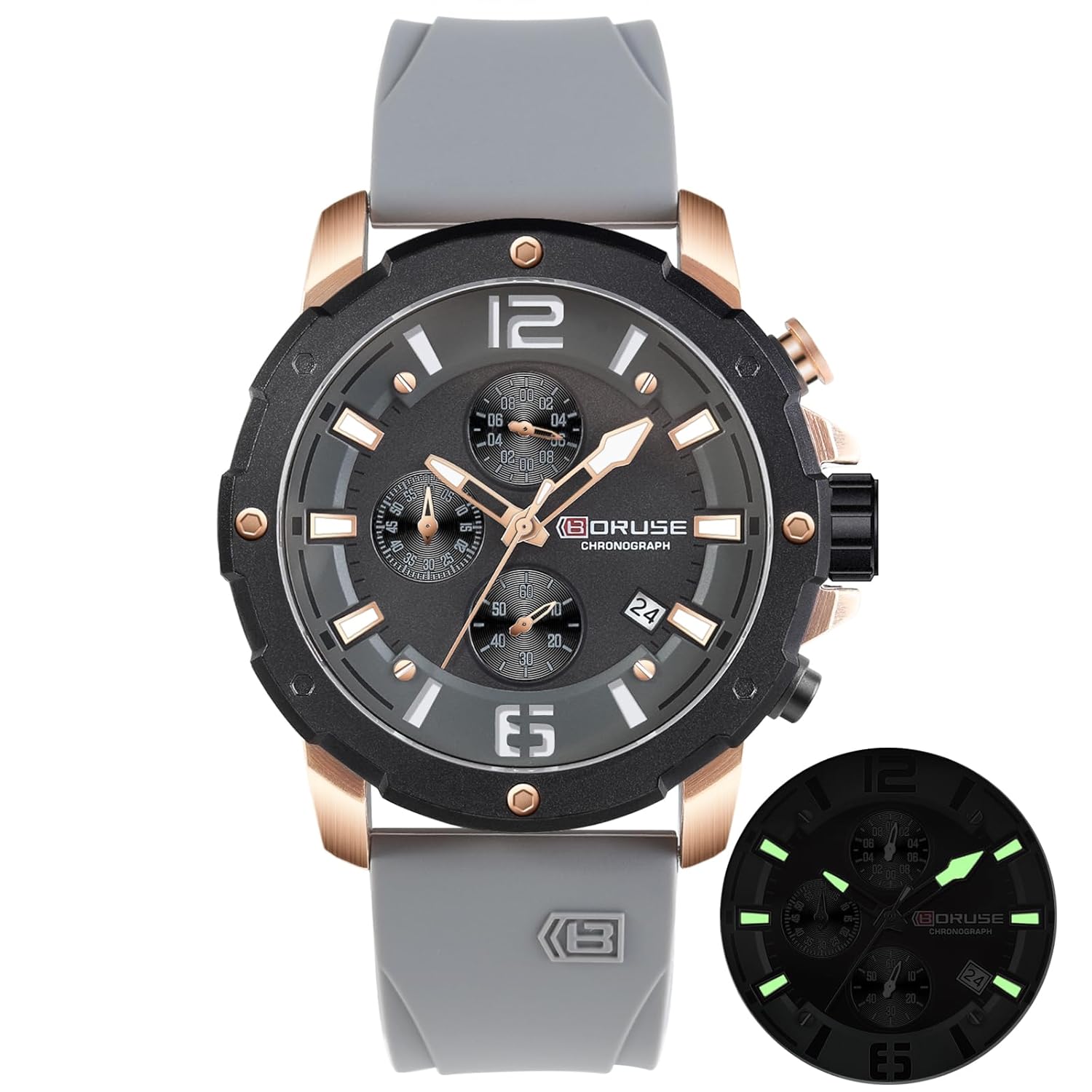 BORUSE Sport Watch for Men Military Waterproof Chronograph Quartz Watches Fashion Luminous Calendar Silicone Strap Big Face Analog Wristwatch, Black, Sport