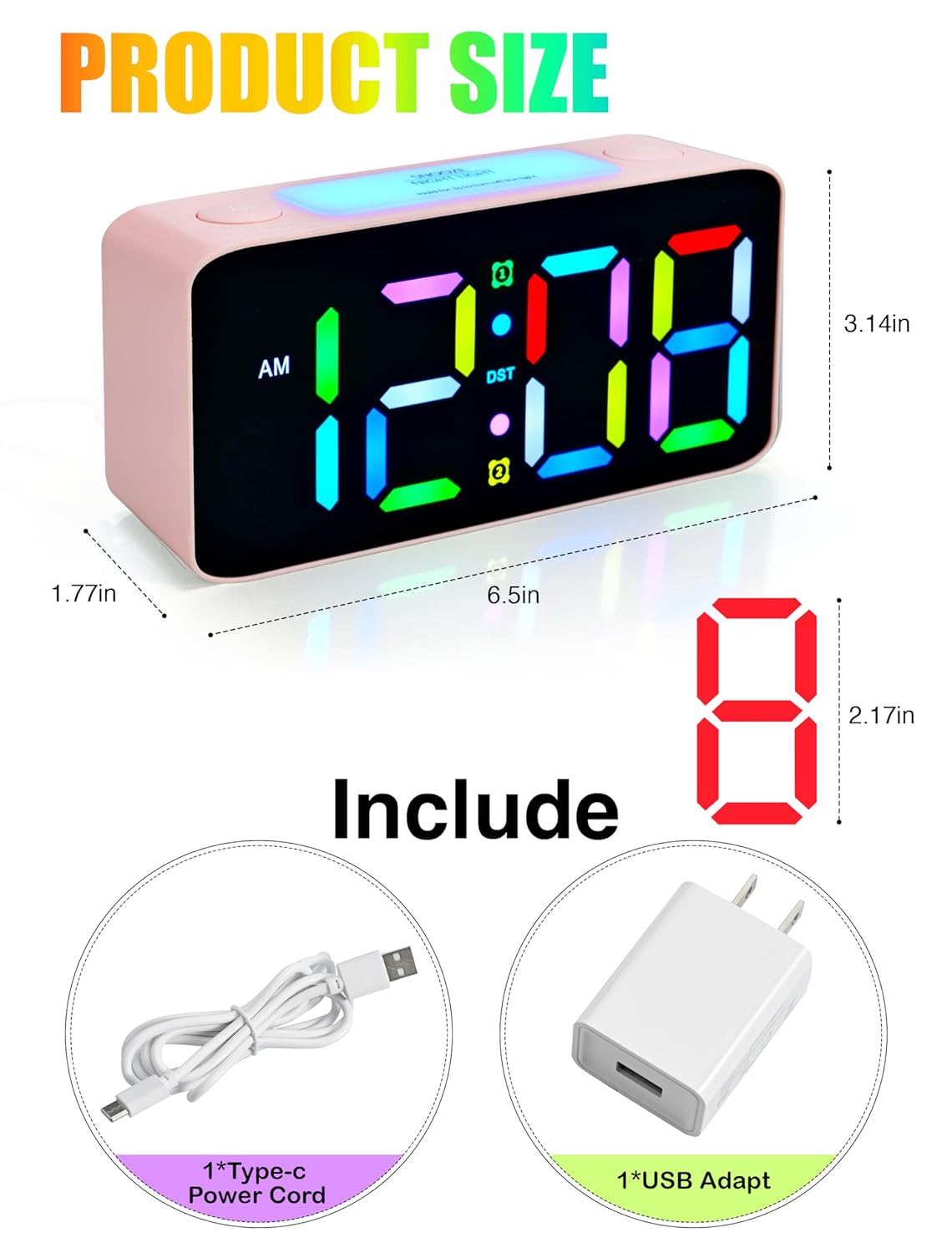 AYRELY Digital Alarm Clock for Bedroom - Dual Loud Alarms, Large Night Light with 7 Colors,Adjustable Volume,Dimmer,Desk Clock with USB Charger, Ok to Wake Up for Kids,Teens