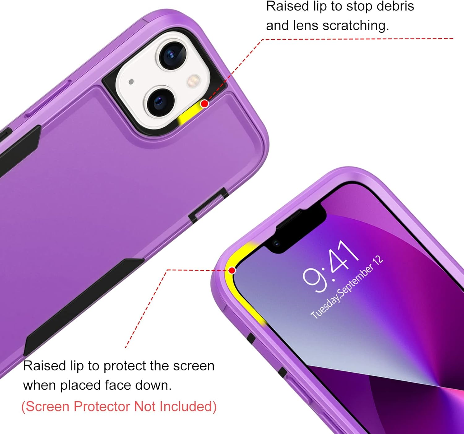 BENTOBEN iPhone 13 Case, Heavy Duty 2 in 1 Full Body Rugged Shockproof Protection Hybrid Hard PC Bumper Drop Protective Girls Women Boy Men Covers for iPhone 13 6.1 inch 2021, Purple/Black