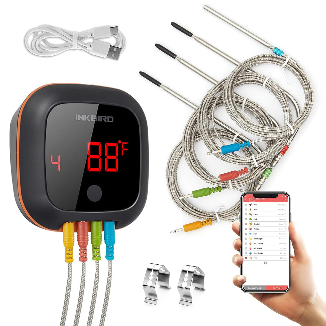 Grill BBQ Bluetooth Meat Thermometer with 4 Colored Probes, Inkbird Digital Wireless Grill Thermometer, Timer, Alarm,150ft Kitchen Food Cooking Meat Thermometer for Smoker, Oven, Drum