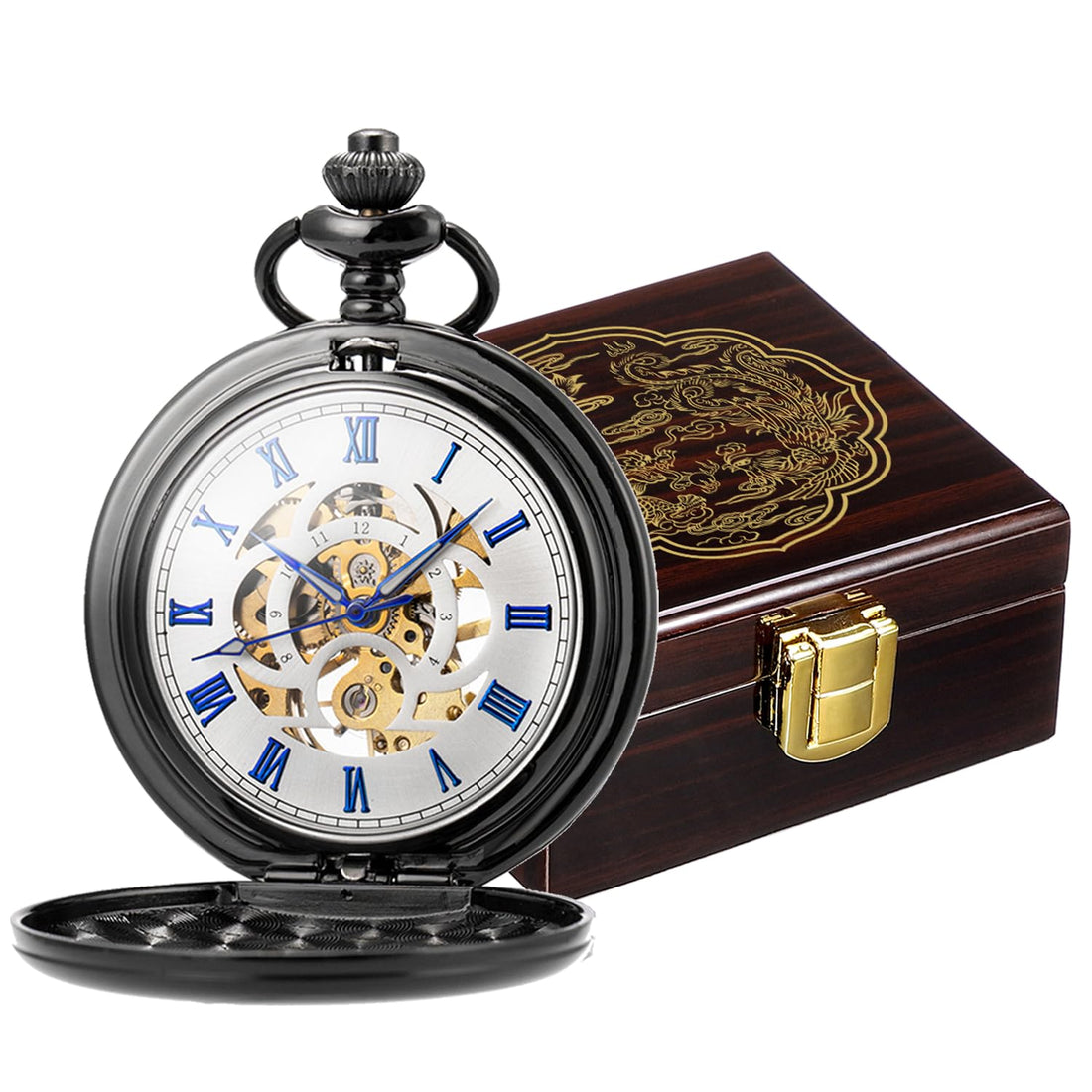 ManChDa Antique Mechanical Pocket Watch Lucky Dragon & Phoenix Black Skeleton with Box, 5-a. Black Blue+Wooden Box