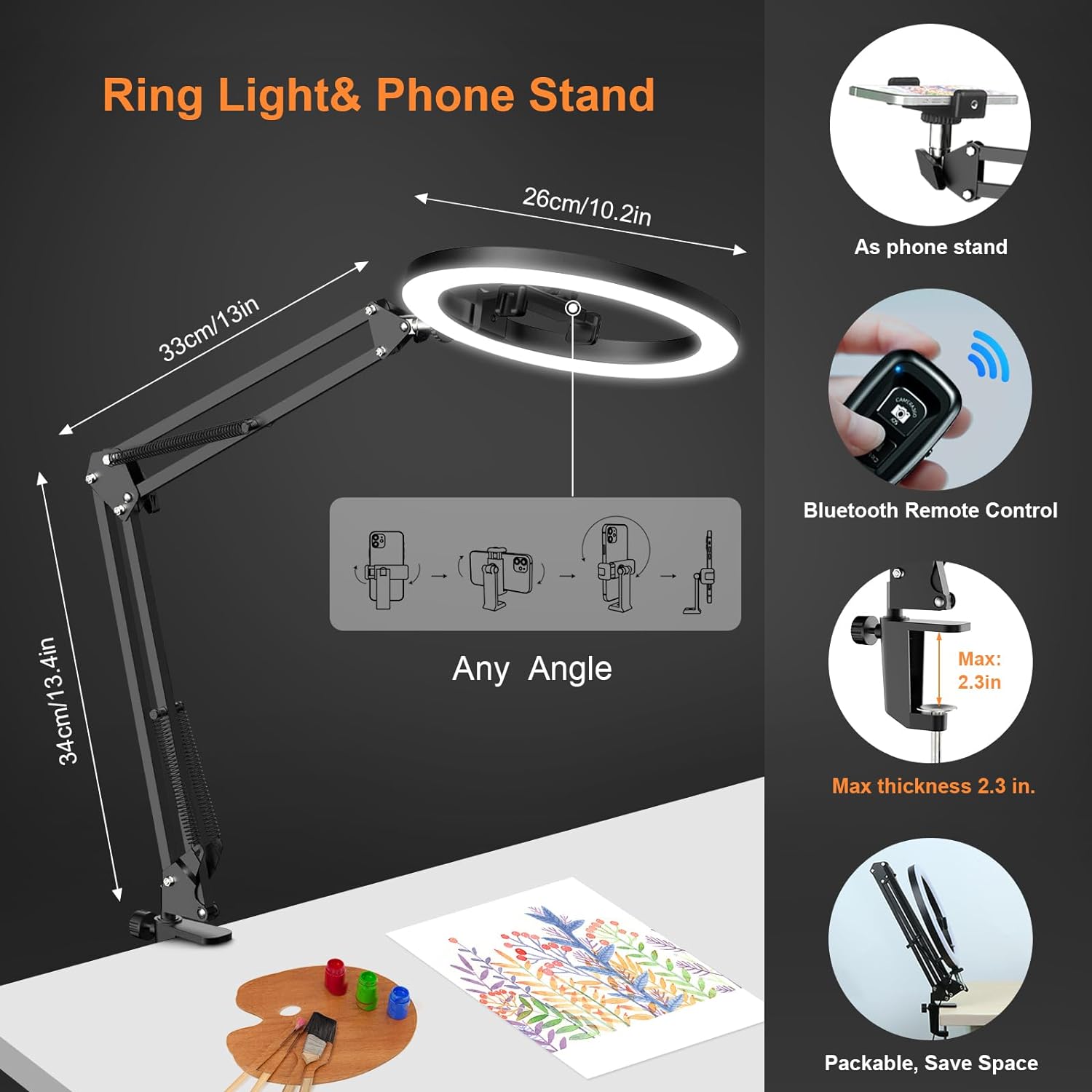 Upgrade Ring Light Overhead,Evershop Selfie Ring Light with Stand and Phone Holder,10”Circle LED Portable Ring Light with Remote Control for Video Recording,Zoom Meeting,Live Streaming Tiktok,YouTube