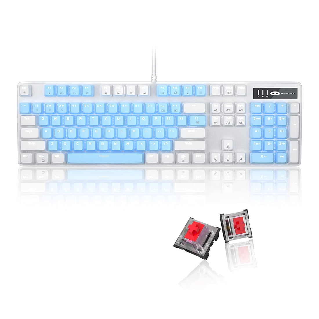 MageGee Mechanical Gaming Keyboard, 104 Keys White Backlit Mechanical Keyboards with Red Switches & Double-Shot Keycaps, Wired Ergonomic Computer Keyboard for Desktop, PC Gamers (White & Blue)