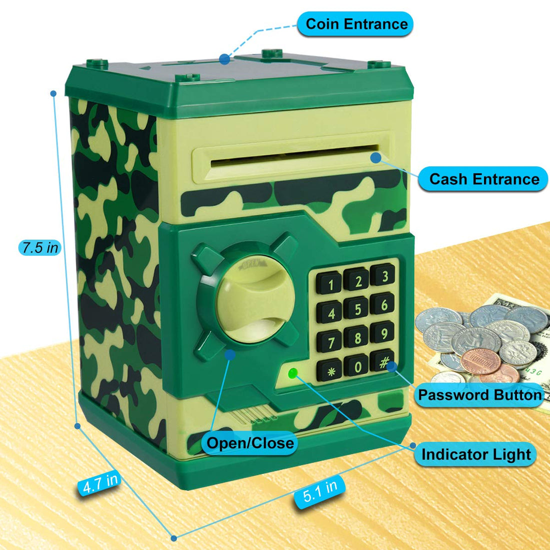 TOPBRY Piggy Bank for Kids,Electronic Password Piggy Bank Kids Safe Bank Mini ATM Piggy Bank Toy for 3-14 Year Old Boys and Girls (Camouflage Green)