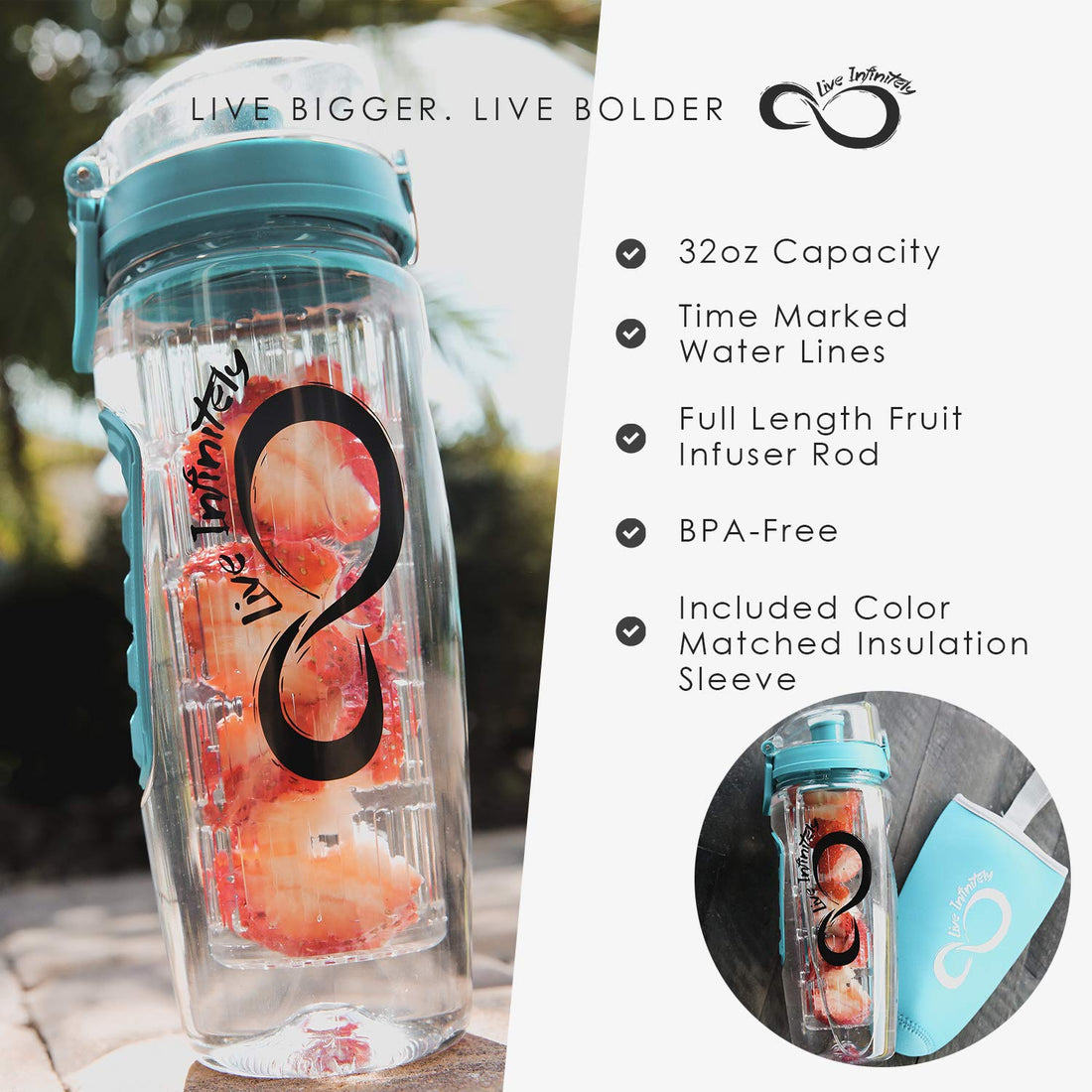 Live Infinitely 32 Oz. Fruit Infuser Water Bottles and Recipe Ebook - Fun Healthy Way to Stay Hydrated - Teal Timeline