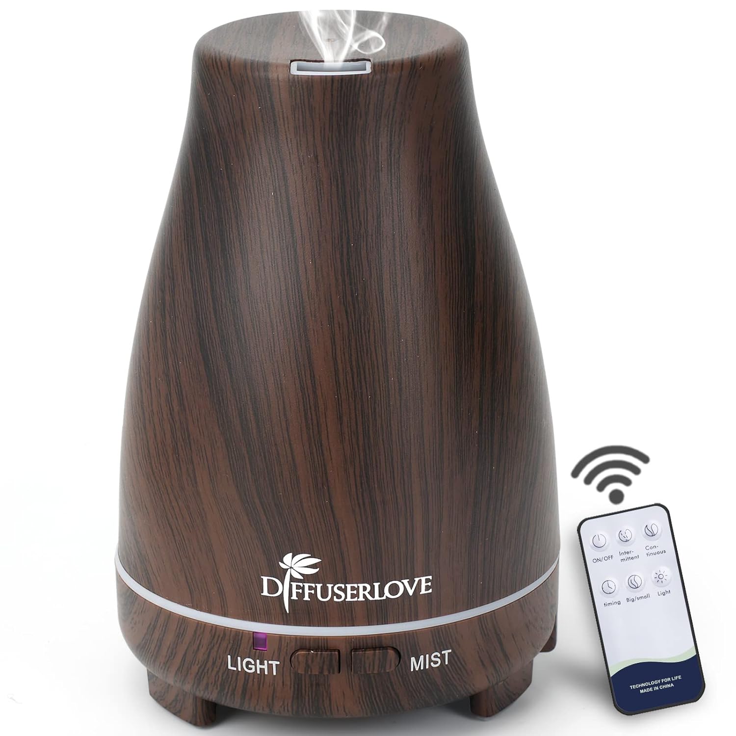 Diffuserlove Essential Oil Diffusers 200ML Diffuser Remote Control Aromatherapy Diffuser with 7 Color Lights, Auto Shut-Off for Bedroom Office Kitchen (Black Wood Grain)