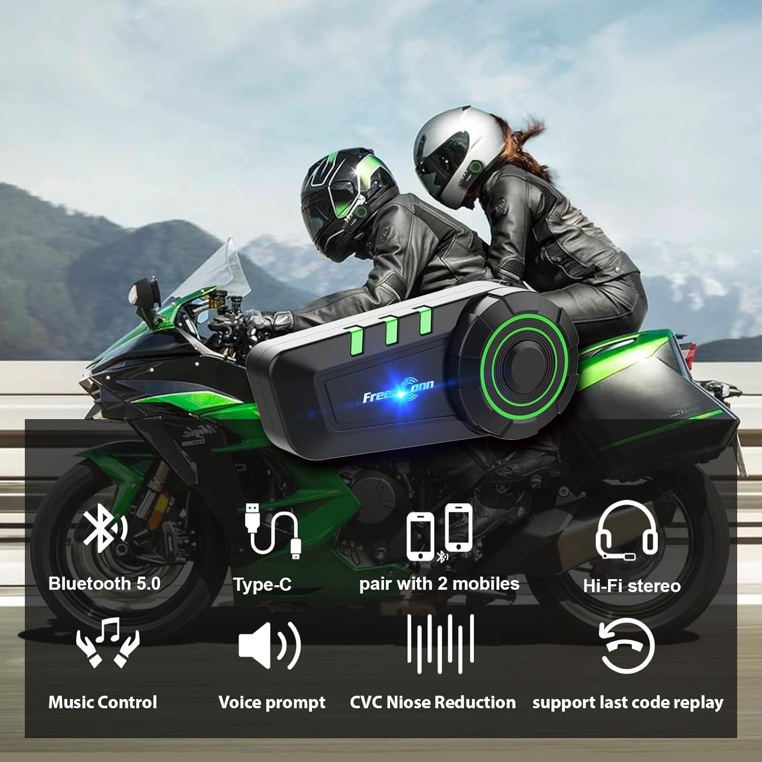 FreedConn Motorcycle Intercom with Stereo Sound IP65 Waterproof Helmet Bluetooth 5.0 Headset