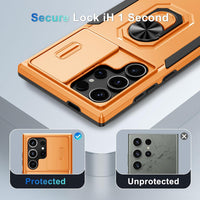 Janmitta for Samsung Galaxy S24 Ultra Case Built in Slide Camera Lens Cover+Screen Protector+Finger Ring Holder Kickstand,Heavy Duty Shockproof Full Body Protective Cover,2024 Orange