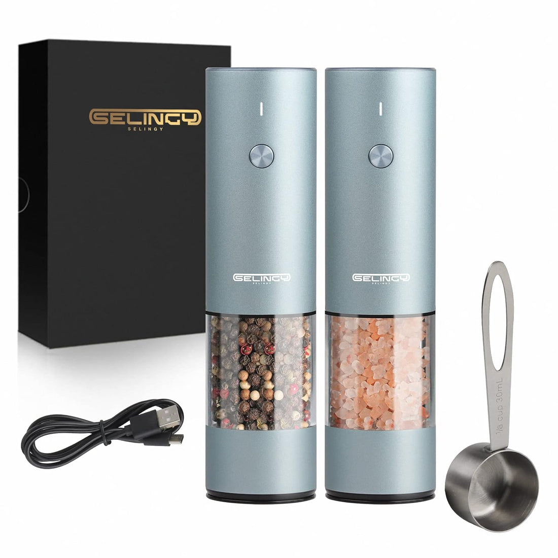 Rechargeable Electric Salt and Pepper Grinder Set - with USB Type-C Cable, LED Lights, Automatic Modern Electric Pepper Mill, One Hand Operation (Baby Blue)