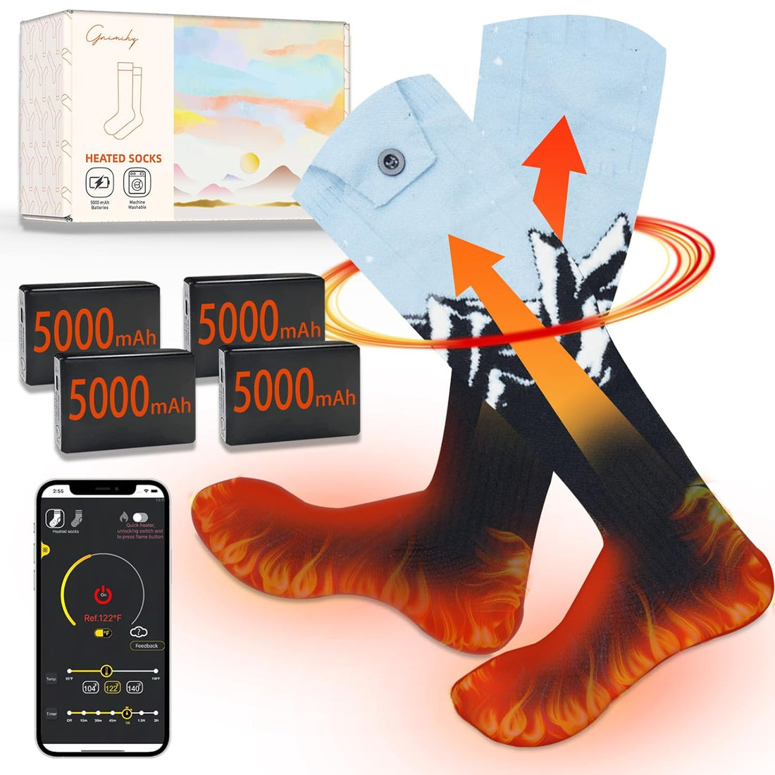 Gnimihz Heated Socks for Men Women - with Rechargeable Battery 5000mAh 5V, APP, 2 Set of Battery
