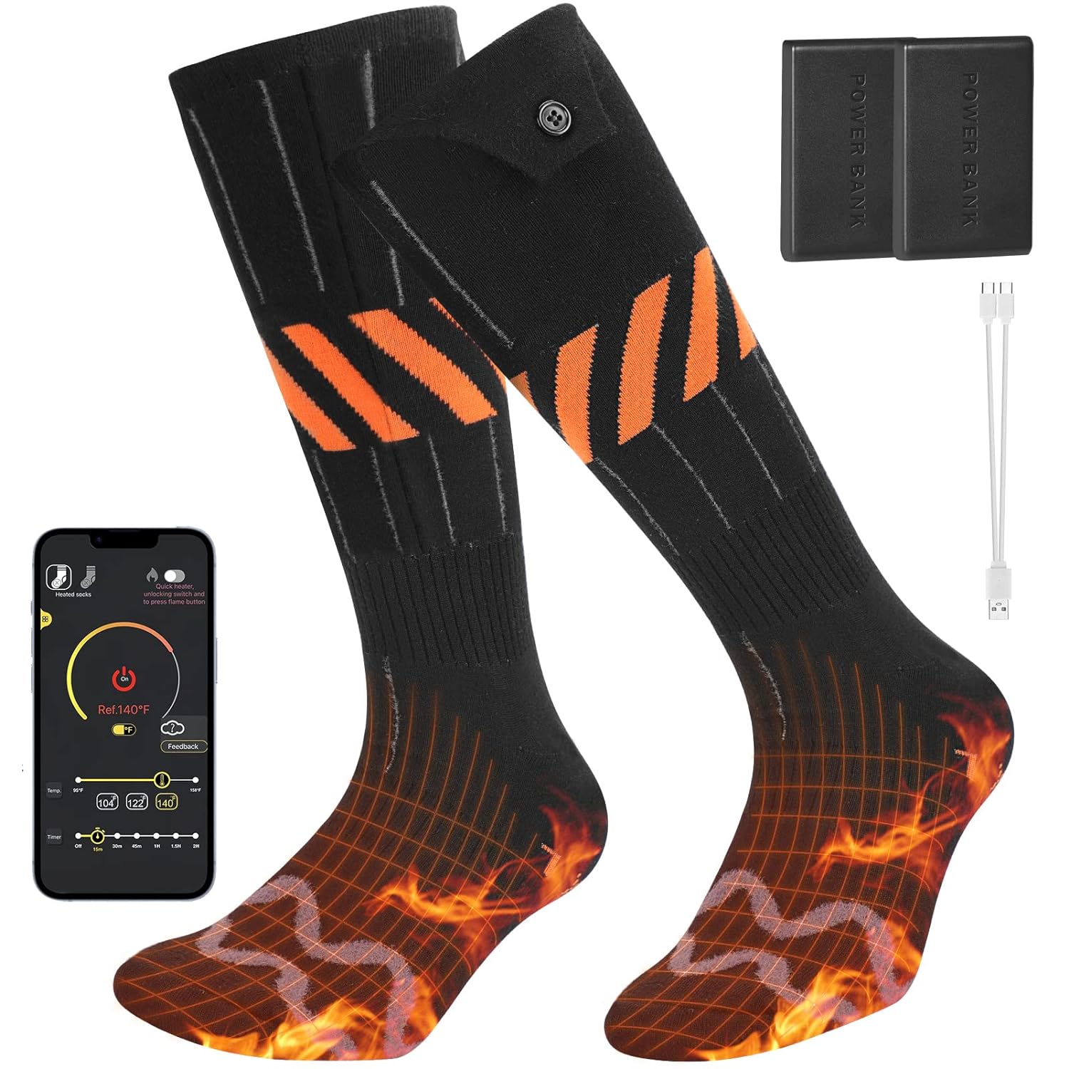 Heated Socks for Men Women, 5V/5000mAh Battery Powered Rechargeable Electric Heated Socks, Electric Heating Socks with APP Remote Control, for Hunting Winter Skiing Outdoors(Orange Black-L)