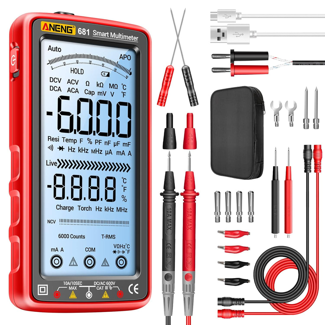 ANENG Digital Multimeter Tester Auto-Ranging TRMS 6000 Counts Voltmeter Smart Rechargeable Meter Measures NCV,AC/DC Current,Voltage,Ohm,Amp,Resistance,Diodes,Countinuity,Capacitance,Temperature