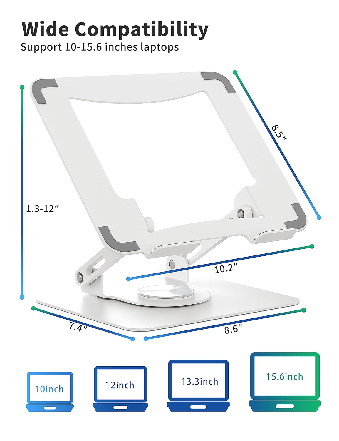 SOUNDANCE Laptop Stand with 360° Rotating Base, Ergonomic Computer Riser for Desk, Adjutable Height Muti-Angle, Foldable Laptop Mount, Stable Metal Holder Support 10-15.6" Notebook PC, White