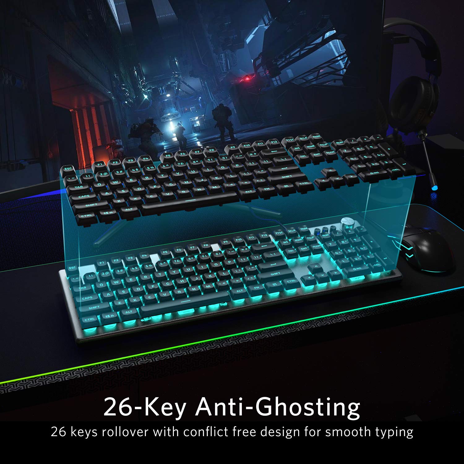 FIODIO Membrane Gaming Keyboard, Wired RGB Rainbow Backlit Keyboard, Ergonomic Standard Keyboard for Desktop, Computer and PC, Silver-Black (FK-2028-US)