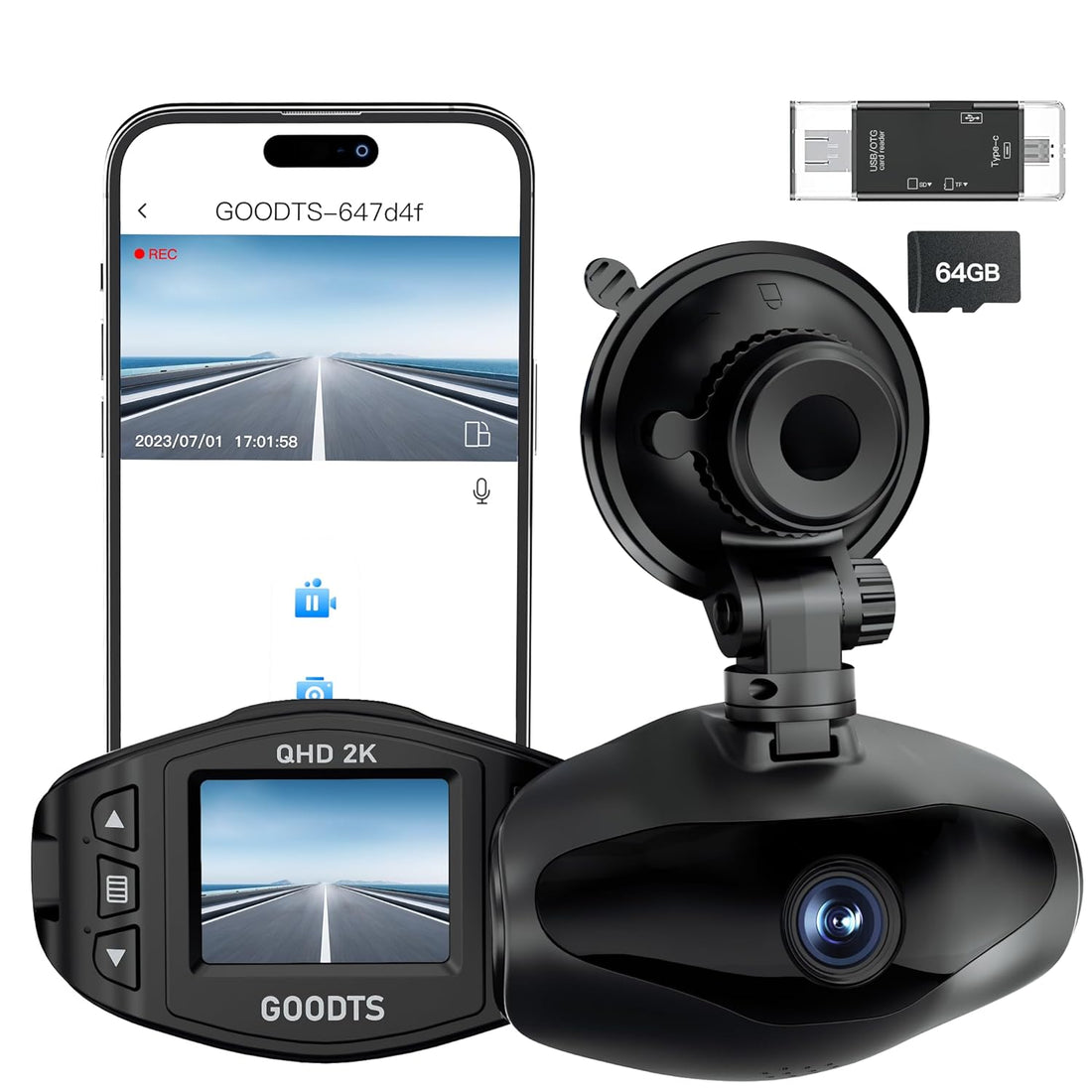 Dash Cam Front 2K WiFi, GOODTS Dash Camera for Cars, Dashcam Car Camera with 1.5-Inch Screen, Dashboard Camera with App Control, G-Sensor, Parking Monitor, 64GB Memory Card, Memory Card Reader