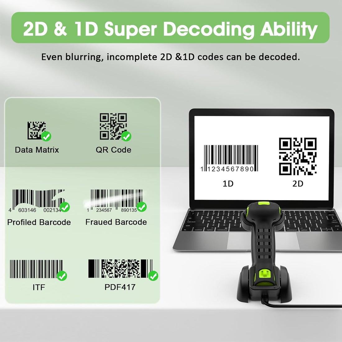 Symcode Bluetooth 2D QR Barcode Scanner with Charging Stand,Industrial Dustproof and Waterproof 3 in 1 Compatible with Bluetooth & 2.4GHz Wireless & Wired Connection with Vibration Alert Green