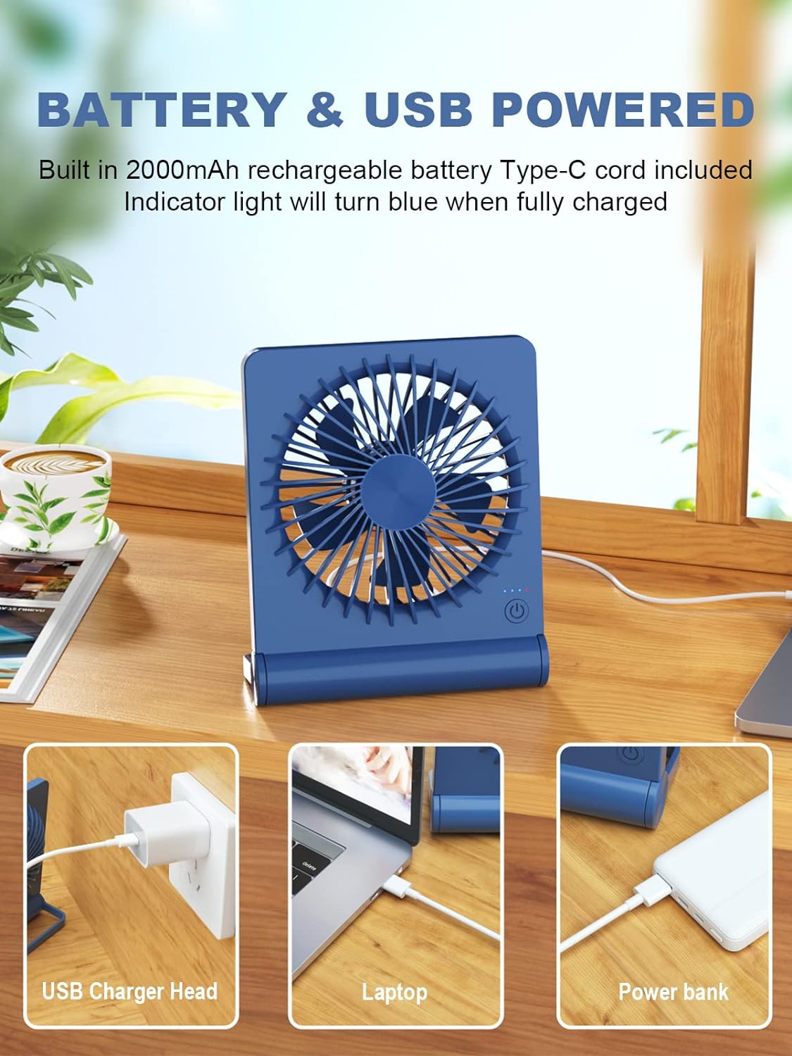 Tevelecin Small Desk Fan, 2000mAh Rechargeable USB Fan Battery Operated,Ultra Quiet, Strong Wind, 3 Speeds & about 4-12 Hours Longer Working, 180°Foldable Mini Desktop Fan for Home Office Travel Outdoor-Blue