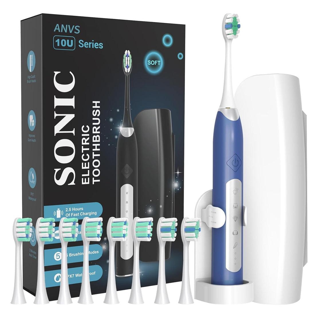 Sonic Electric Toothbrushes for Adults, 8 Brush Heads Electric Toothbrush Deep Clean 5 Modes, Rechargeable Travel Toothbrushes Fast Charge with 2 Minutes Smart Timer (Dark Blue)