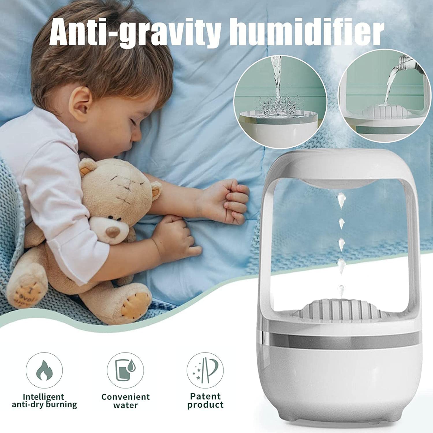 Ultrasonic cold mist humidifier with anti-gravity water drop spraying, backflow + unique lighting design, bedroom and office humidifier, automatic stop function, adapter must support 5V-2A, White