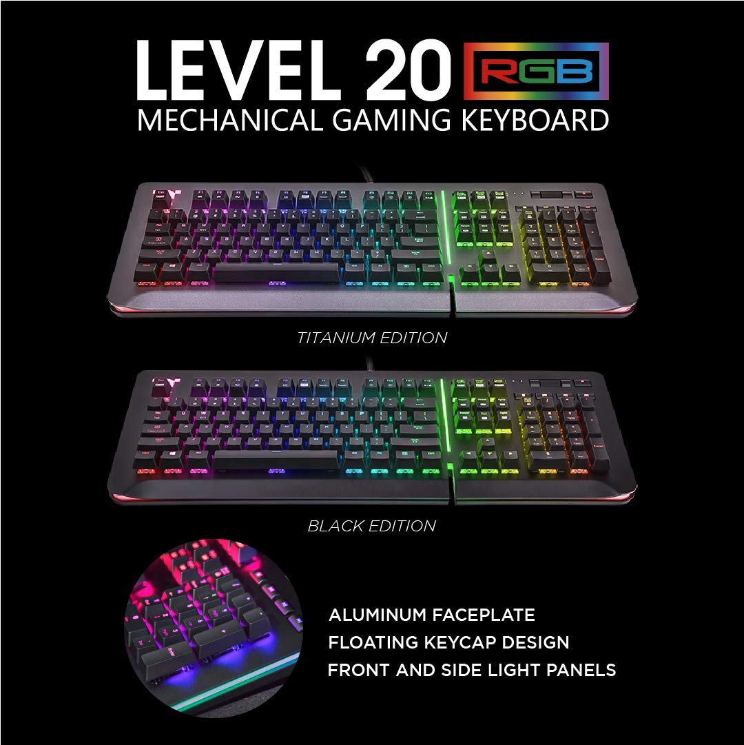 Thermaltake USB-A Level 20 RGB Titanium Aluminum Gaming Keyboard with Cherry MX Blue Switches, 16.8 Million Color RGB, Voice Control - Razer Chroma Sync Compatible - KB-Lvt-Blsrus-01